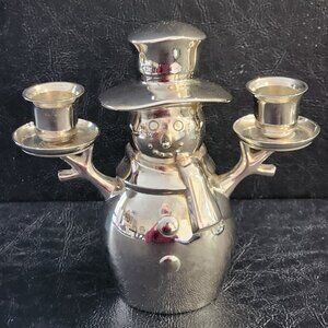 Vintage Silver Plated Happy Smiling Snowman Double Taper, Candle Holder, Holiday